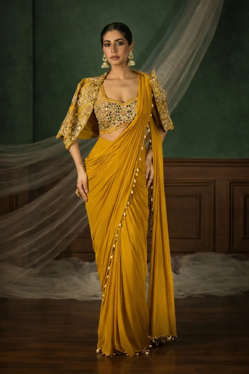 Ready to Wear Crepe Silk Saree with Embroidered Jacket and Blouse