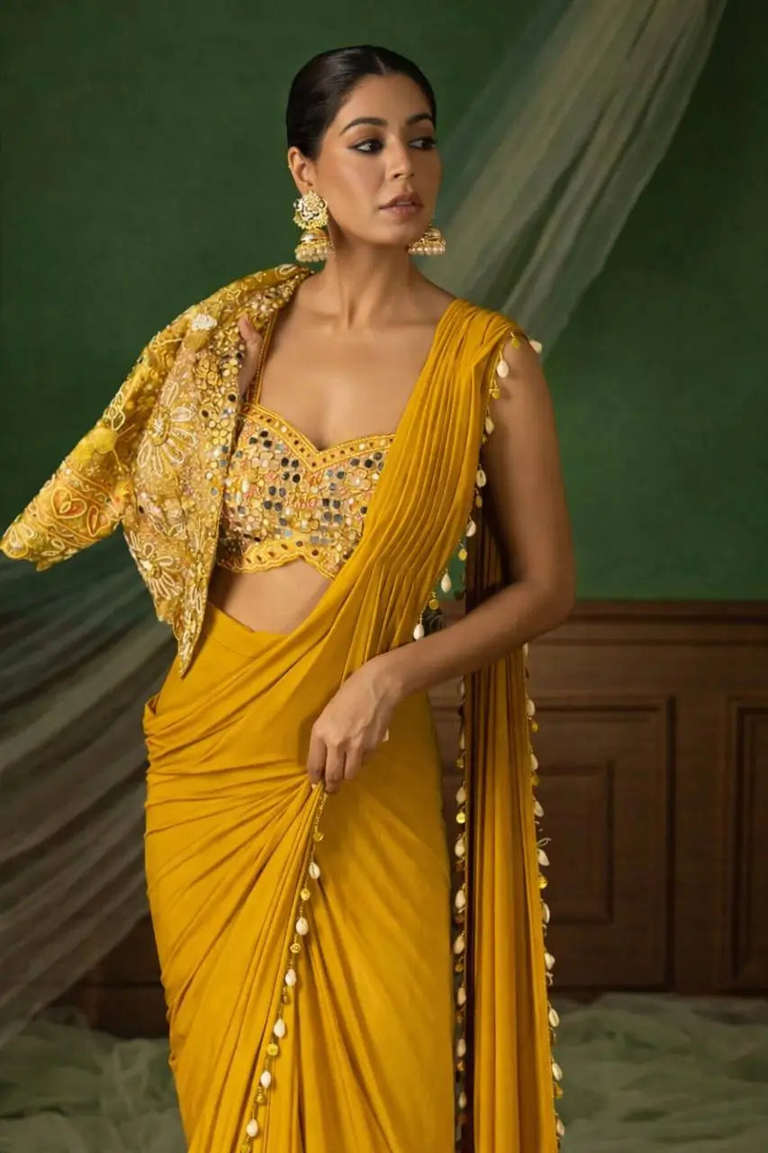 Ready to Wear Crepe Silk Saree with Embroidered Jacket and Blouse