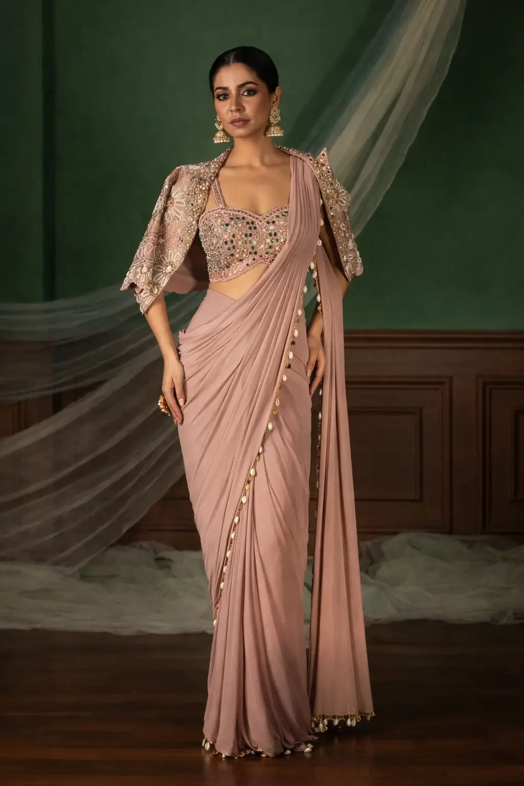 Ready to Wear Crepe Silk Saree with Embroidered Jacket and Blouse