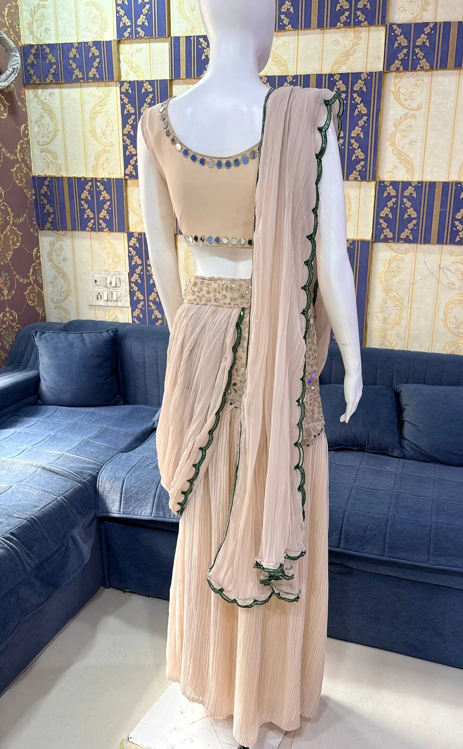 Ready to Wear Crushed Faux Georgette Mirror Work Saree for Wedding and Party Wear