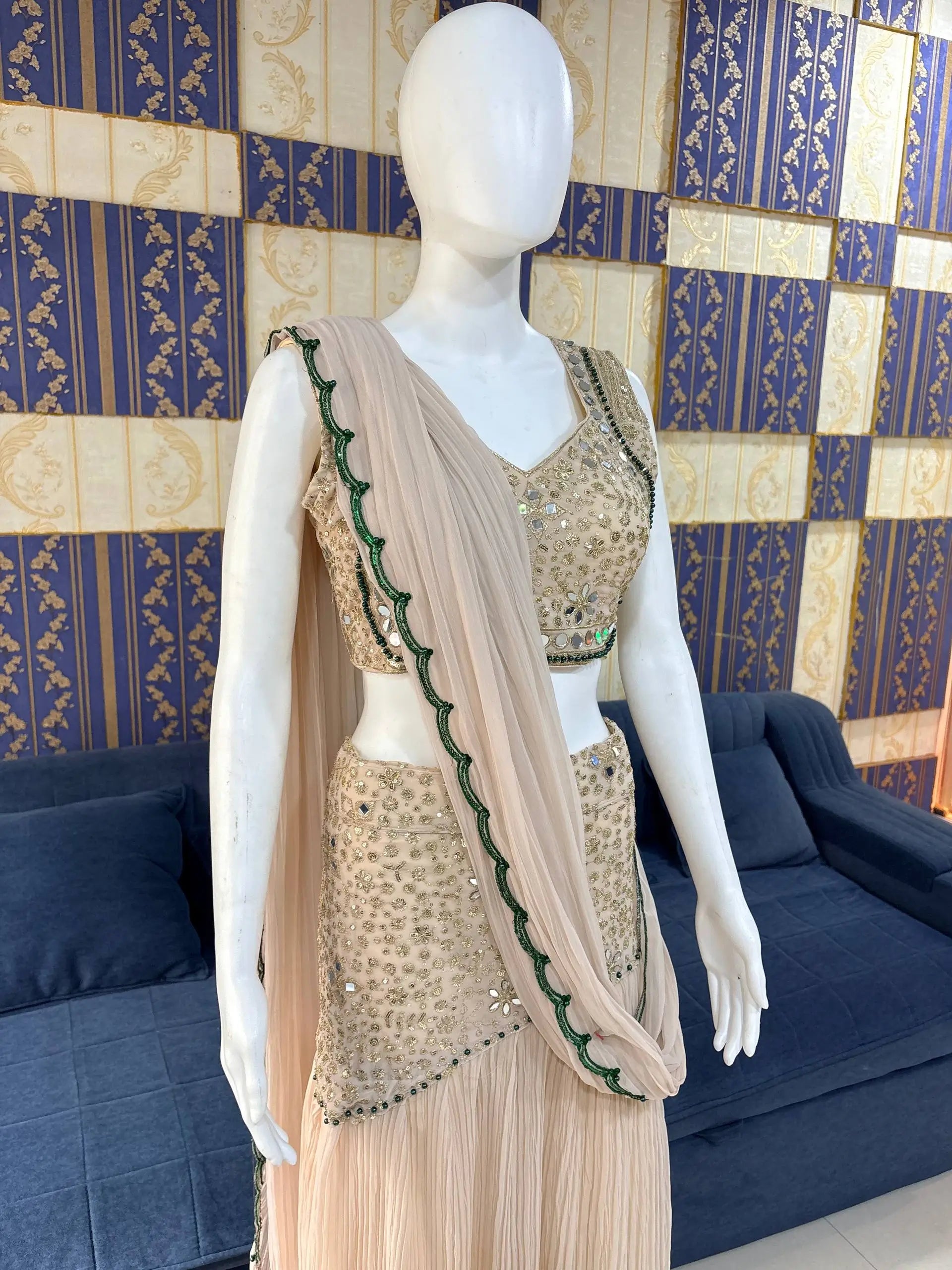 Ready to Wear Crushed Faux Georgette Mirror Work Saree for Wedding and Party Wear