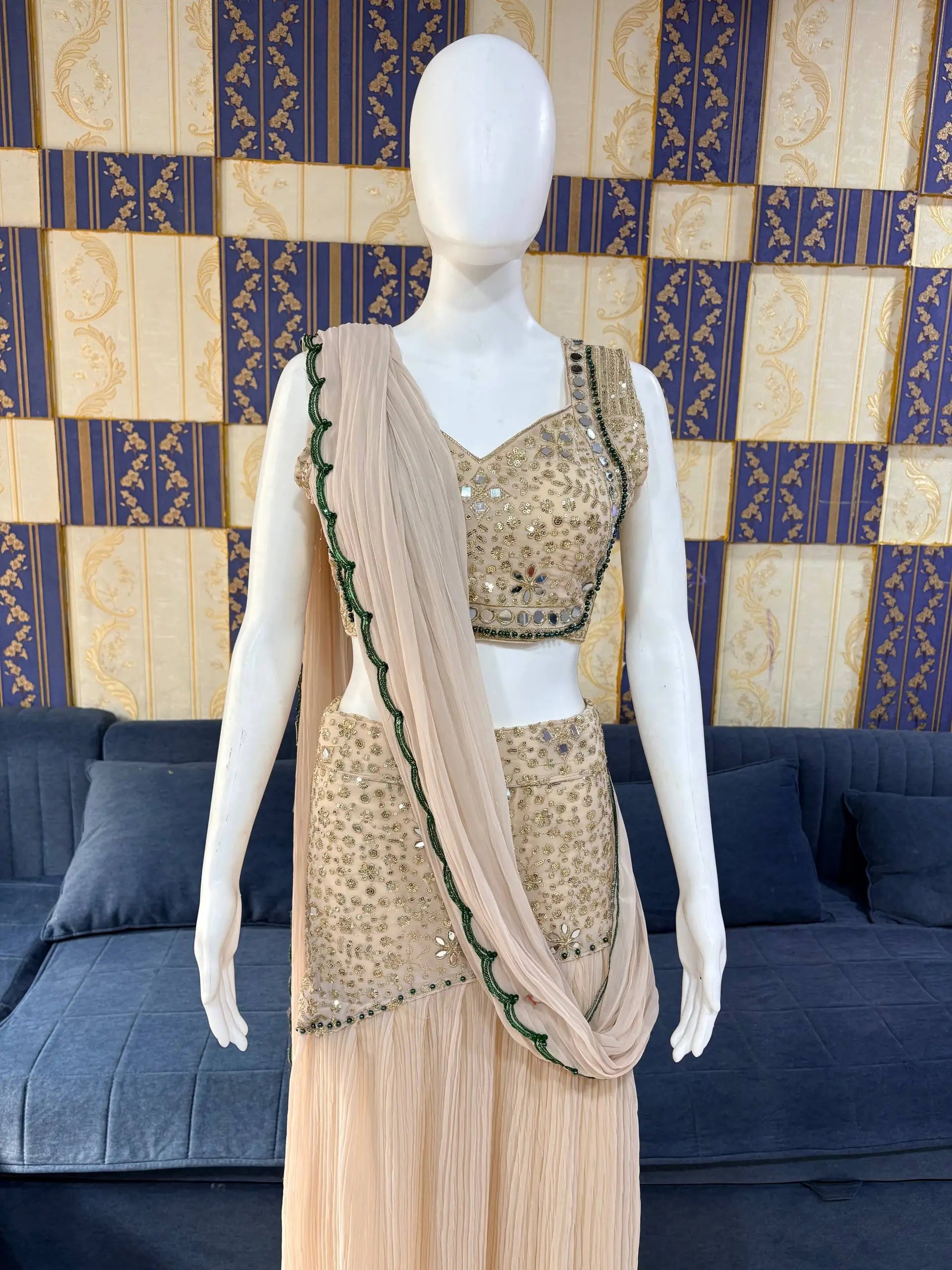 Ready to Wear Crushed Faux Georgette Mirror Work Saree for Wedding and Party Wear