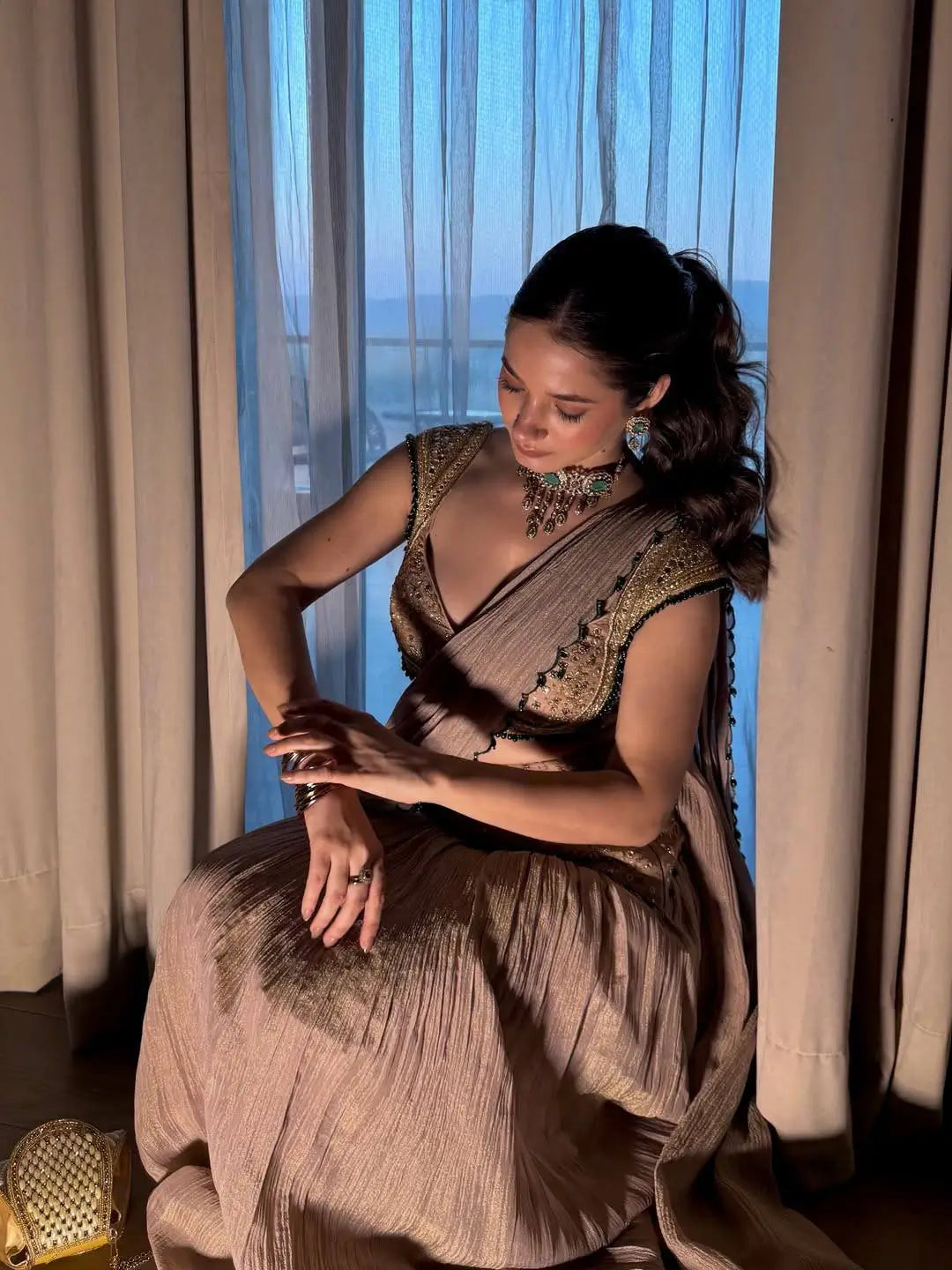 Ready to Wear Crushed Faux Georgette Mirror Work Saree for Wedding and Party Wear
