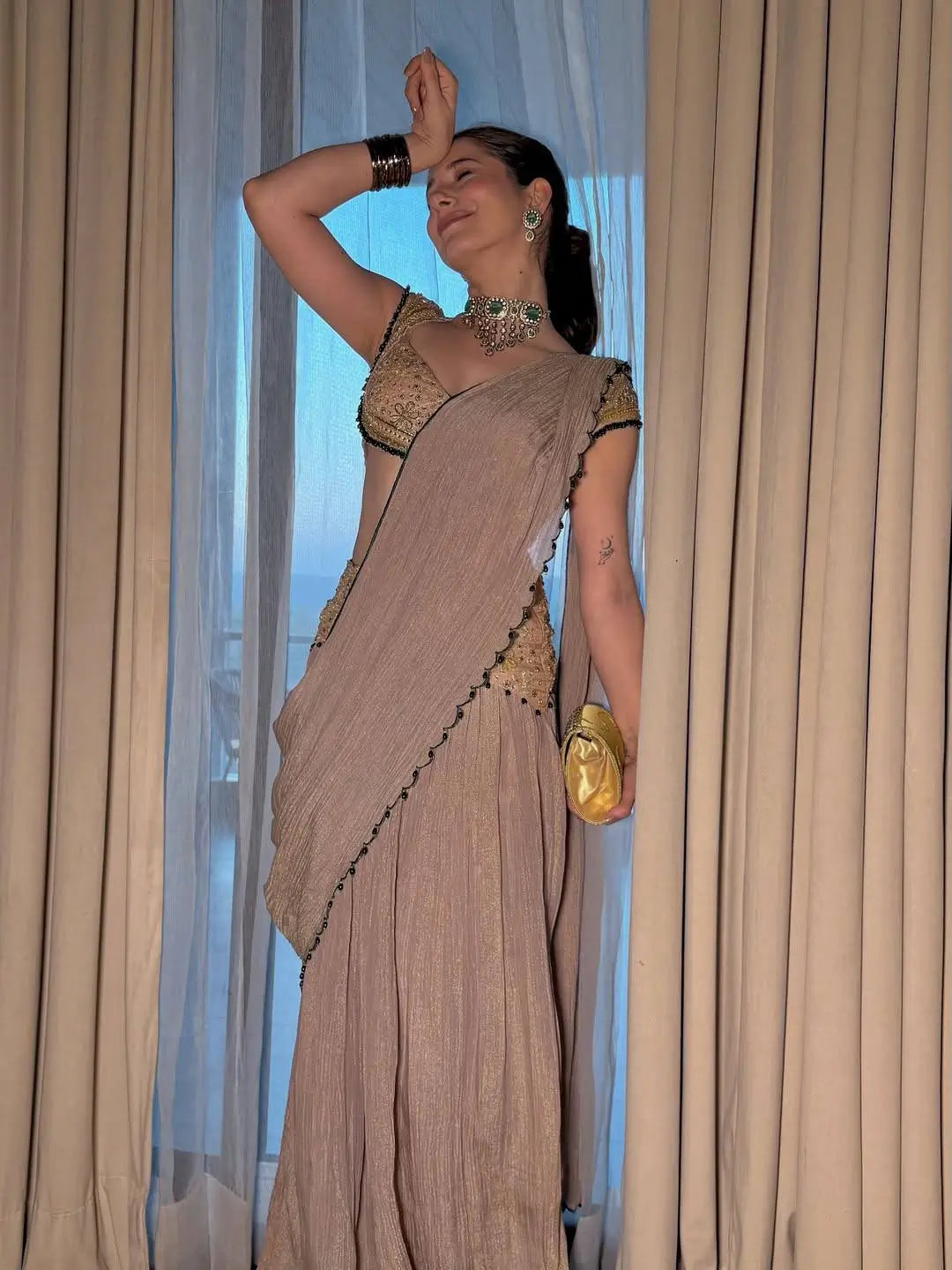 Ready to Wear Crushed Faux Georgette Mirror Work Saree for Wedding and Party Wear