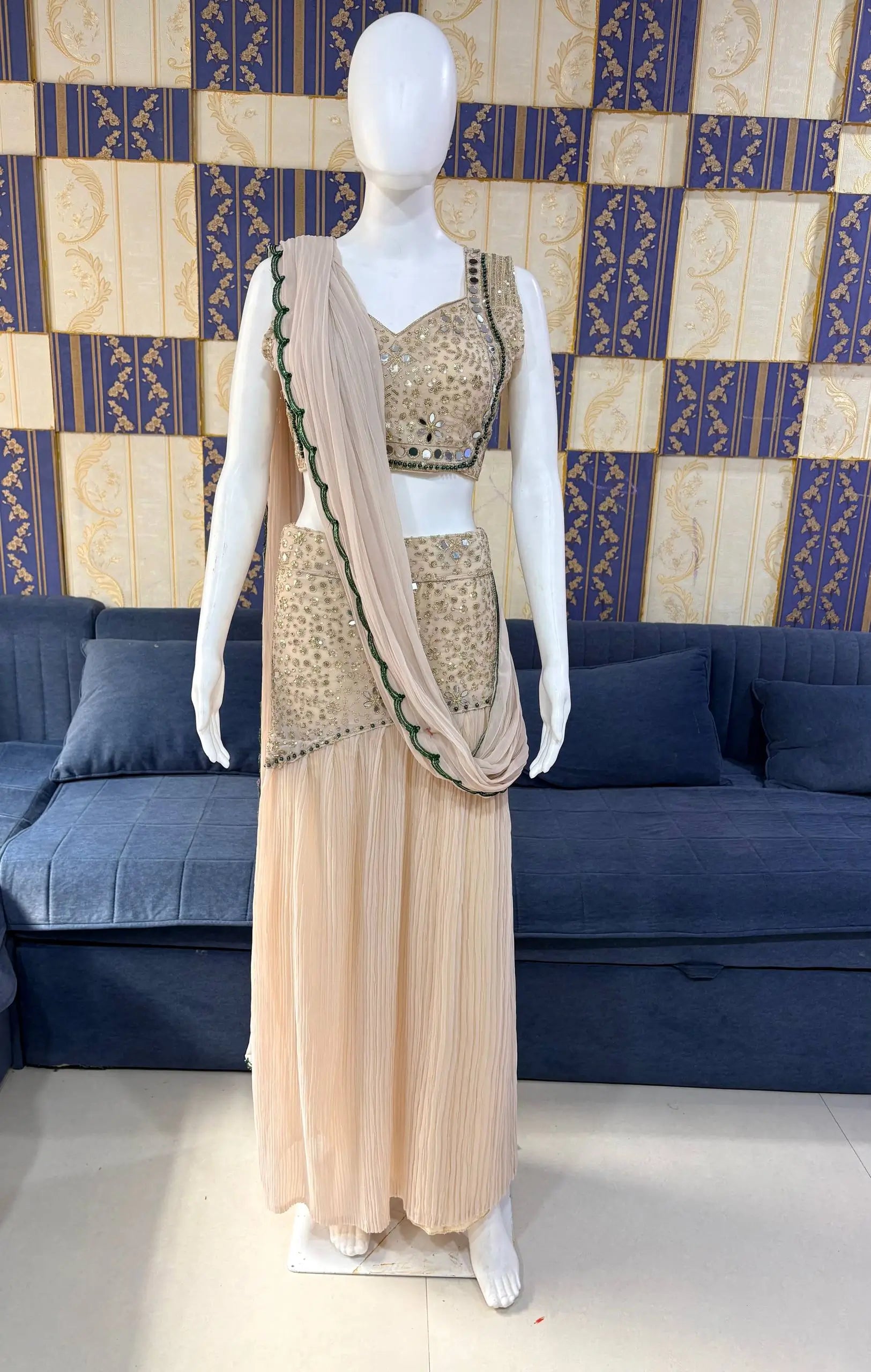 Ready to Wear Crushed Faux Georgette Mirror Work Saree for Wedding and Party Wear