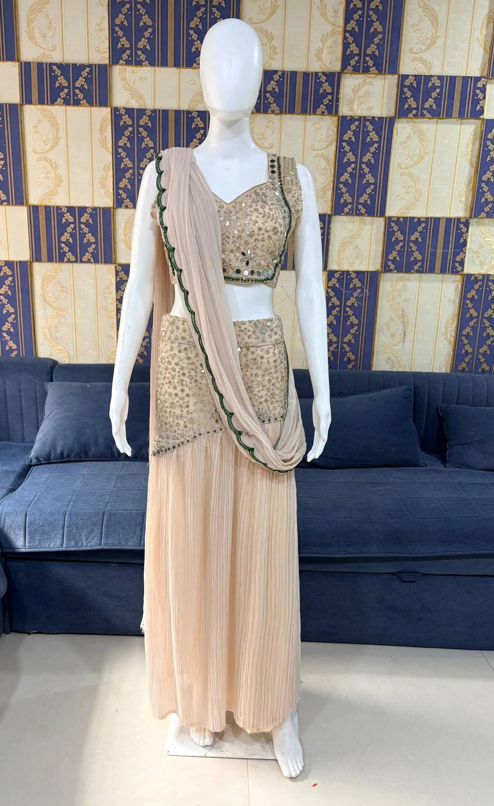 Ready to Wear Crushed Faux Georgette Mirror Work Saree for Wedding and Party Wear