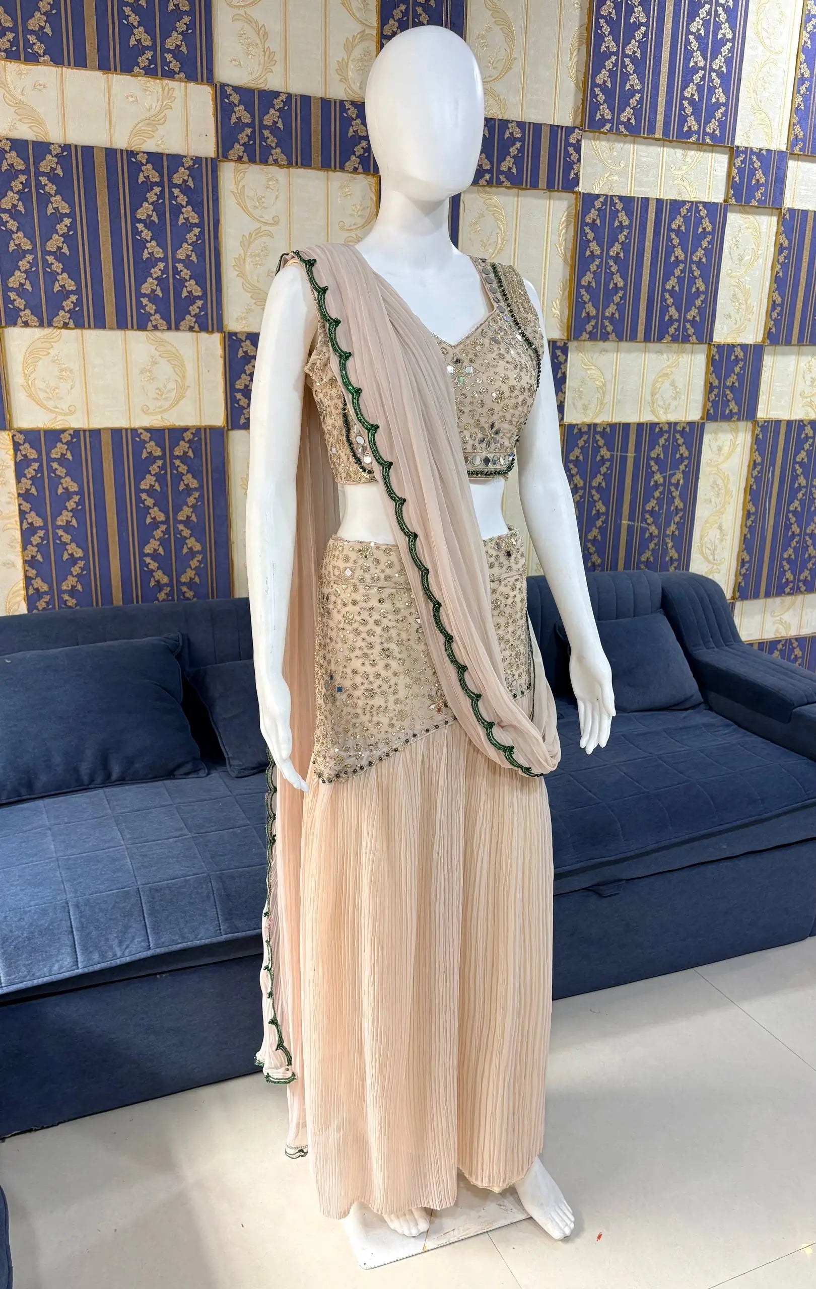 Ready to Wear Crushed Faux Georgette Mirror Work Saree for Wedding and Party Wear
