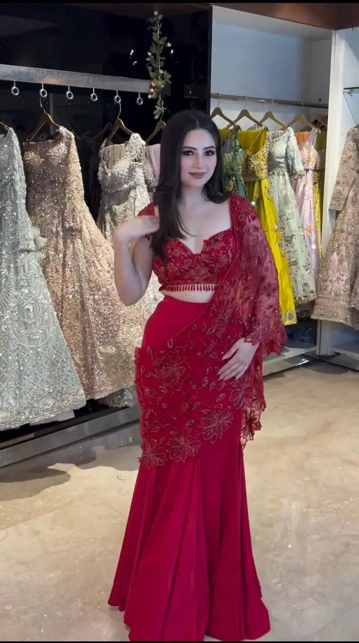 Red Beaded Lace Ready To Wear Saree