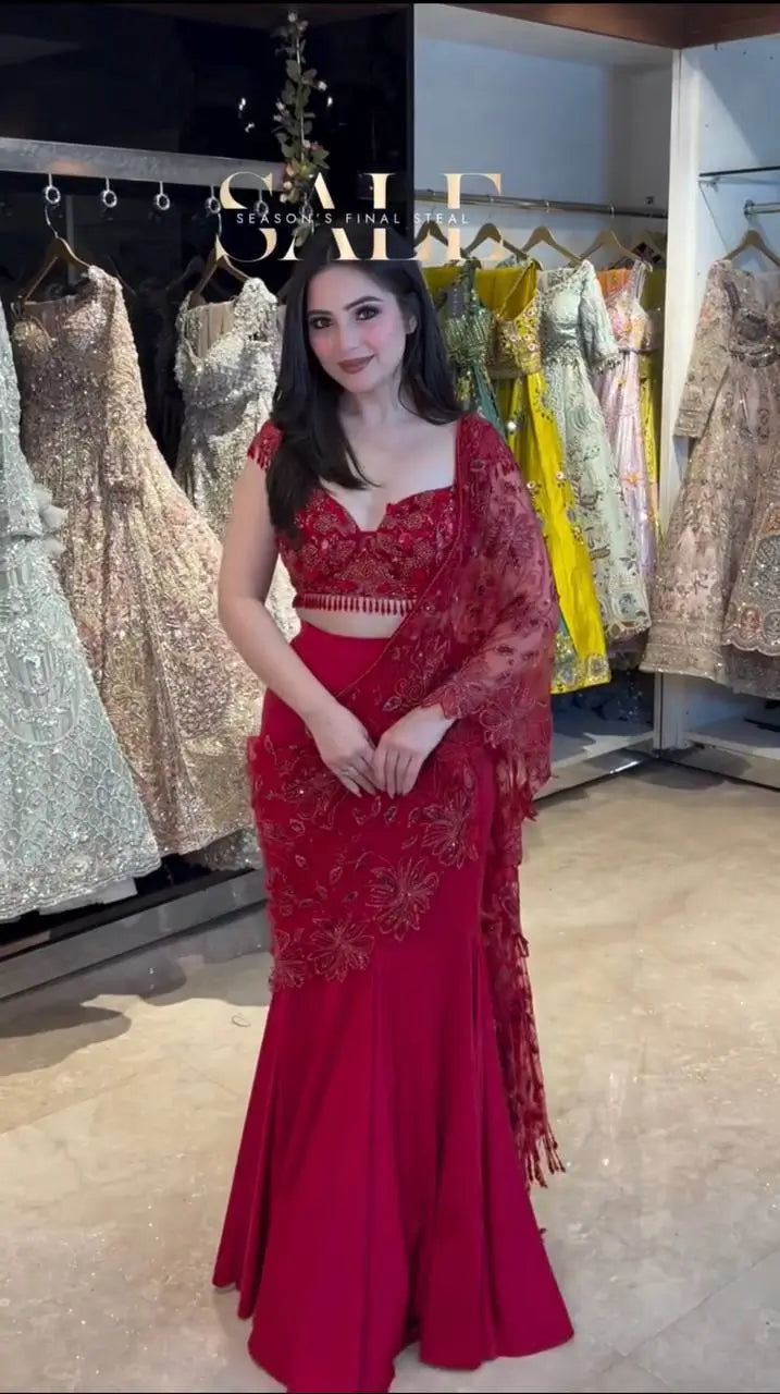 Red Beaded Lace Ready To Wear Saree