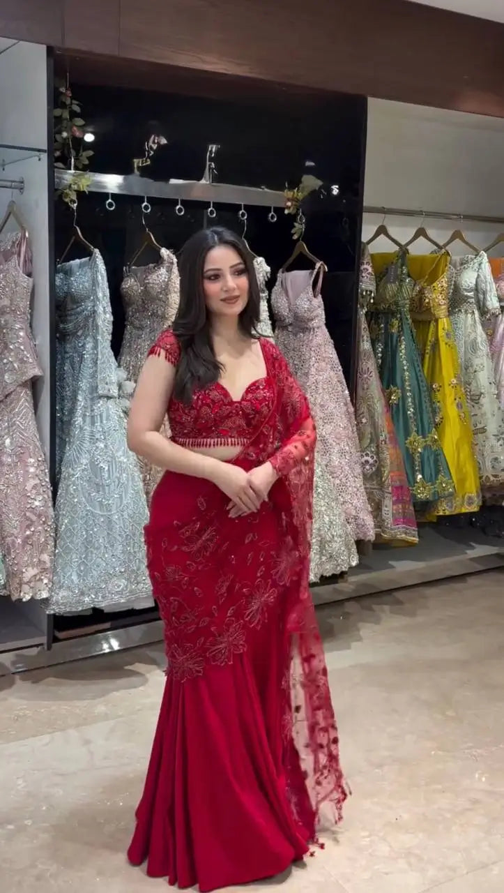Red Beaded Lace Ready To Wear Saree