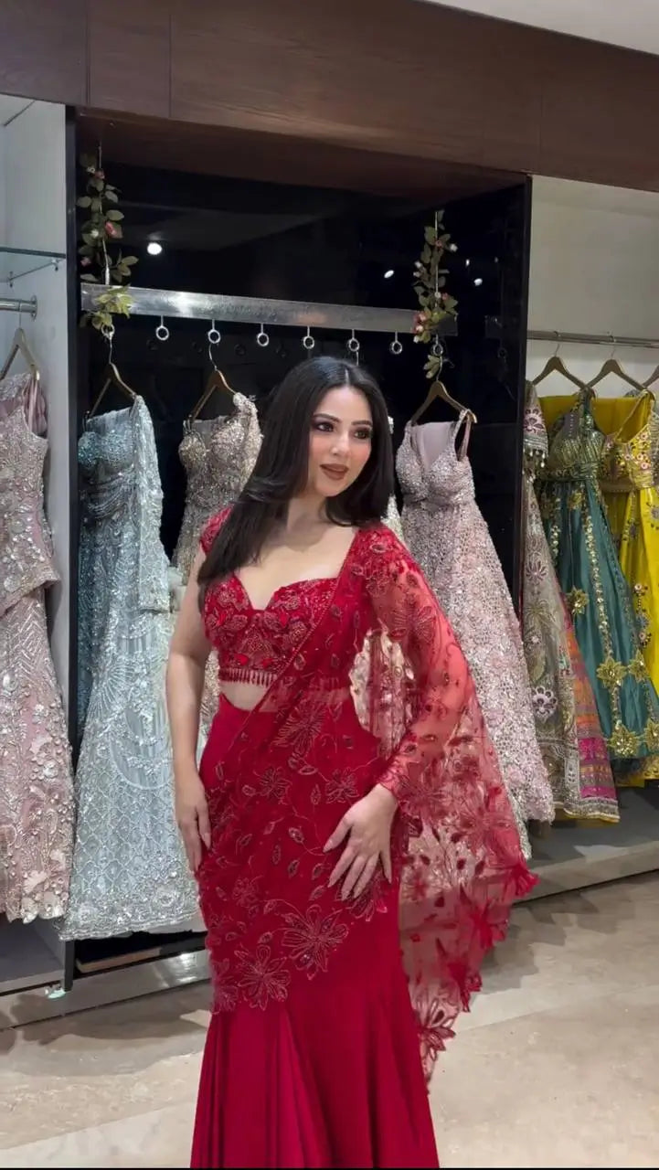 Red Beaded Lace Ready To Wear Saree