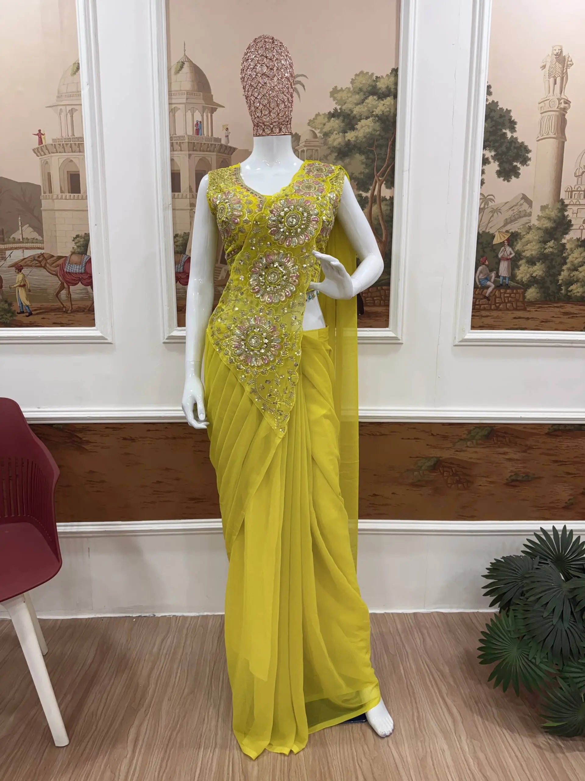 Ready to Wear Green Embroidered Saree for Festive and Party Occasions