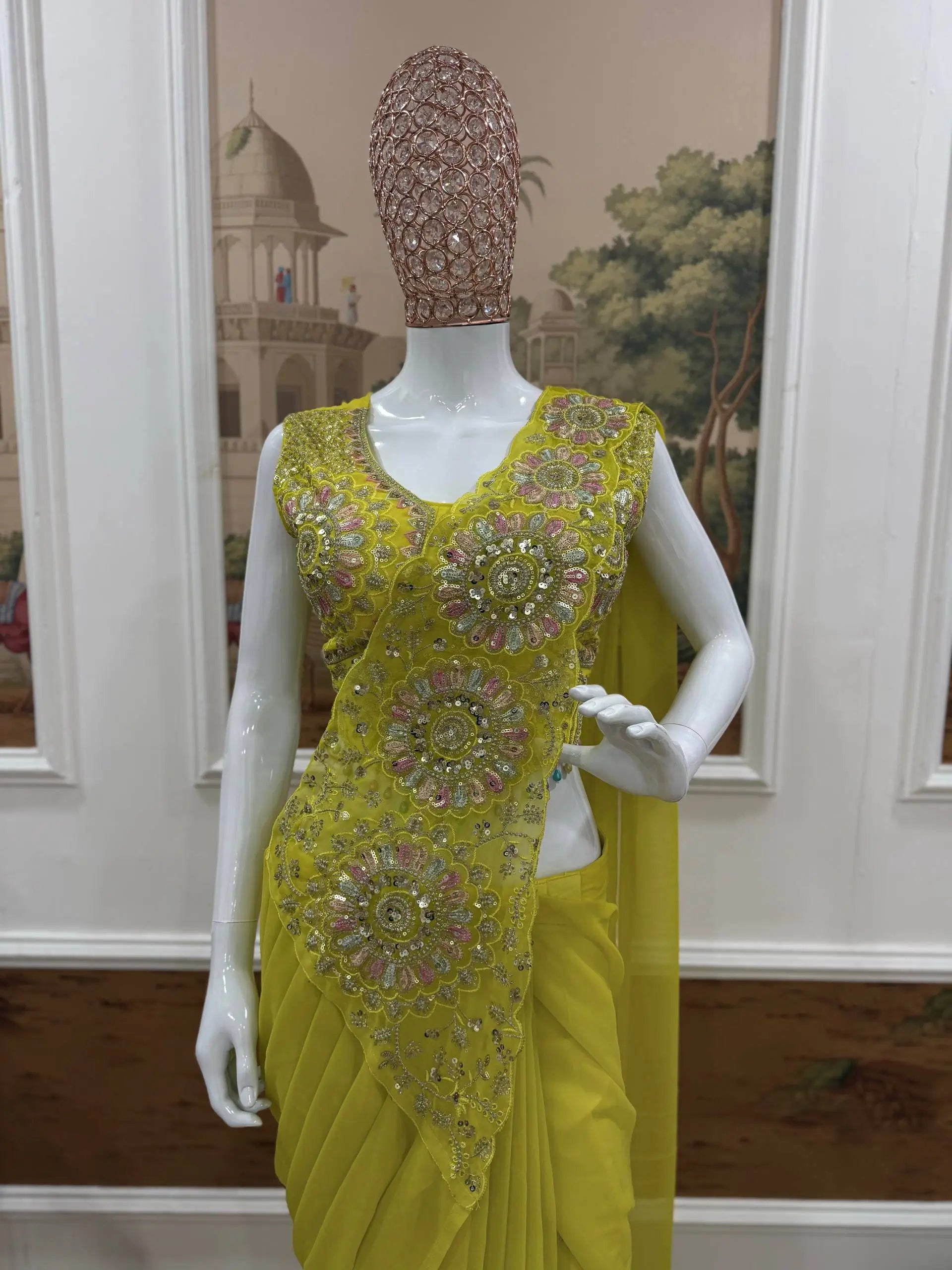 Ready to Wear Green Embroidered Saree for Festive and Party Occasions