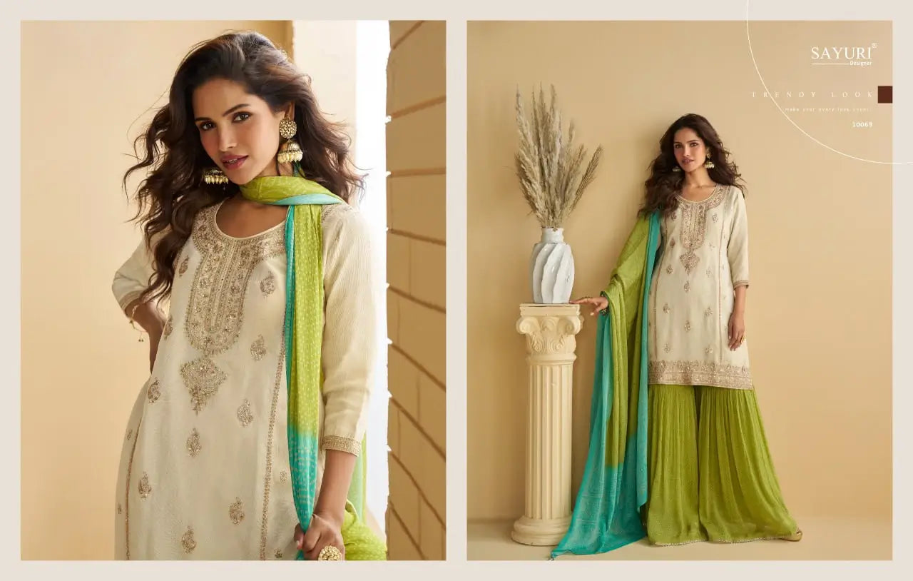 Ready to wear Chinon Silk Palazzo Suit Set for Festive and Wedding Wear