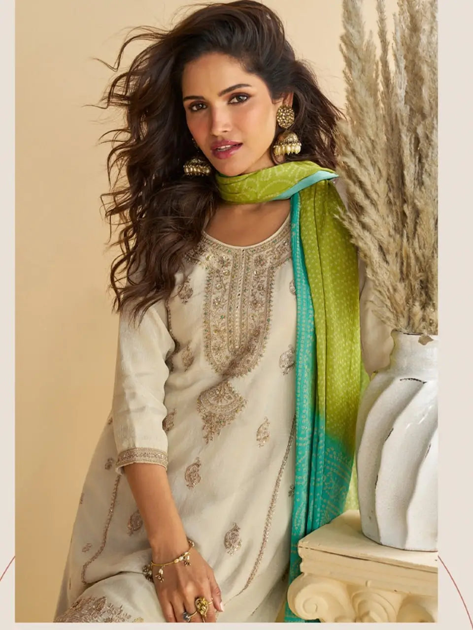 Ready to wear Chinon Silk Palazzo Suit Set for Festive and Wedding Wear