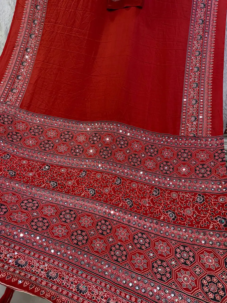 Red Ajrakh Mirrorwork Saree