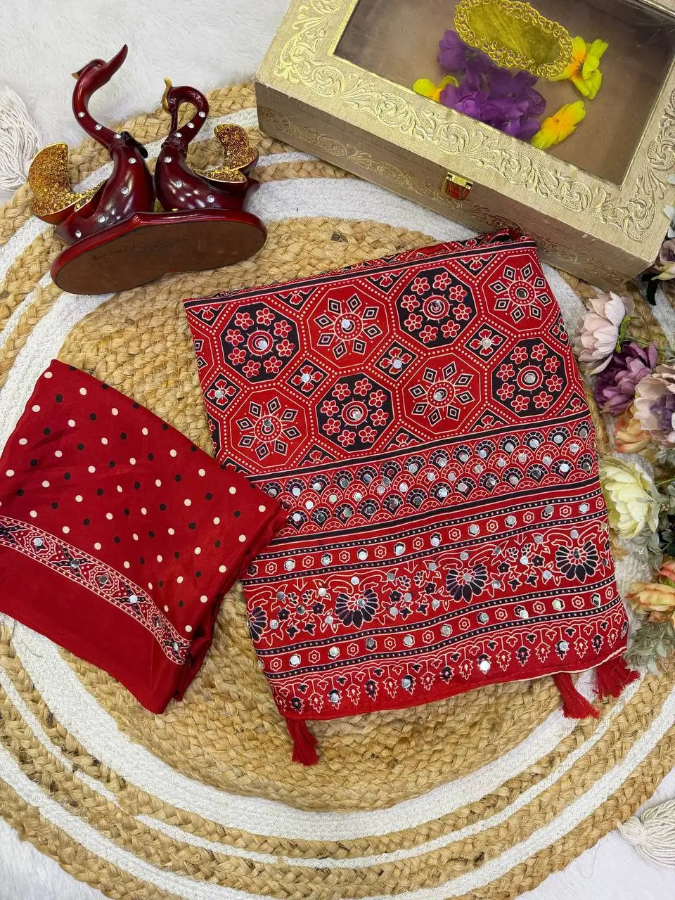Red Ajrakh Mirrorwork Saree