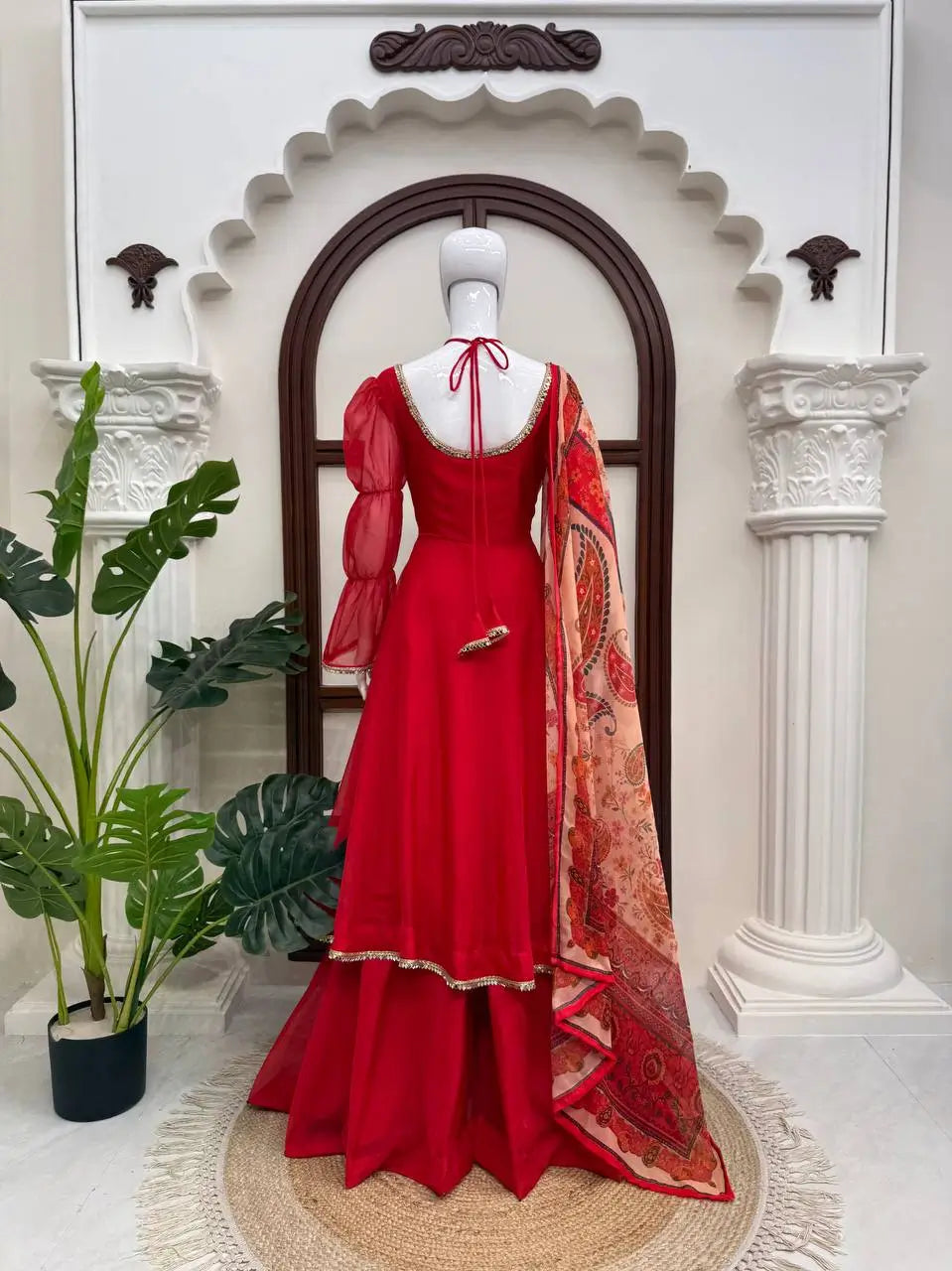 Red Anarkali Palazzo Set with Printed Dupatta