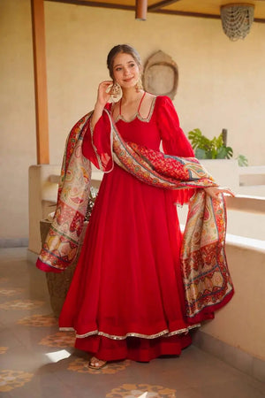 Red Anarkali Palazzo Set with Printed Dupatta