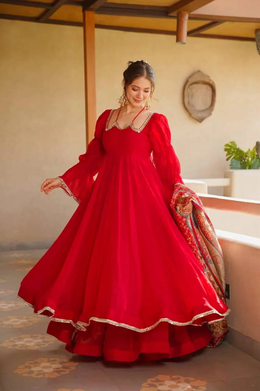 Red Anarkali Palazzo Set with Printed Dupatta