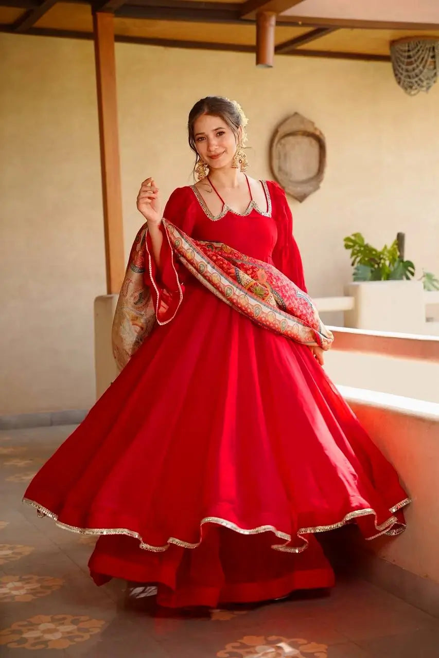 Red Anarkali Palazzo Set with Printed Dupatta