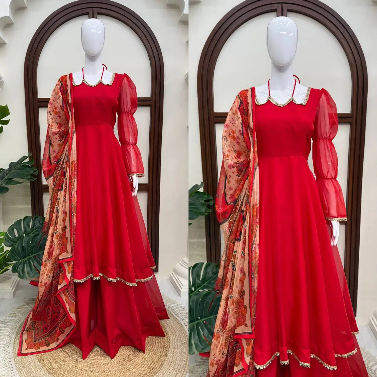 Red Anarkali Palazzo Set with Printed Dupatta