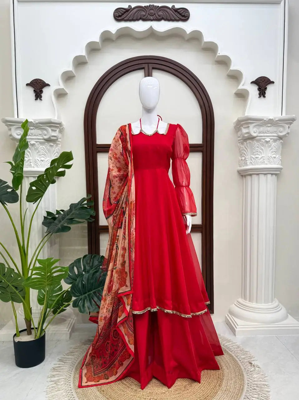 Red Anarkali Palazzo Set with Printed Dupatta