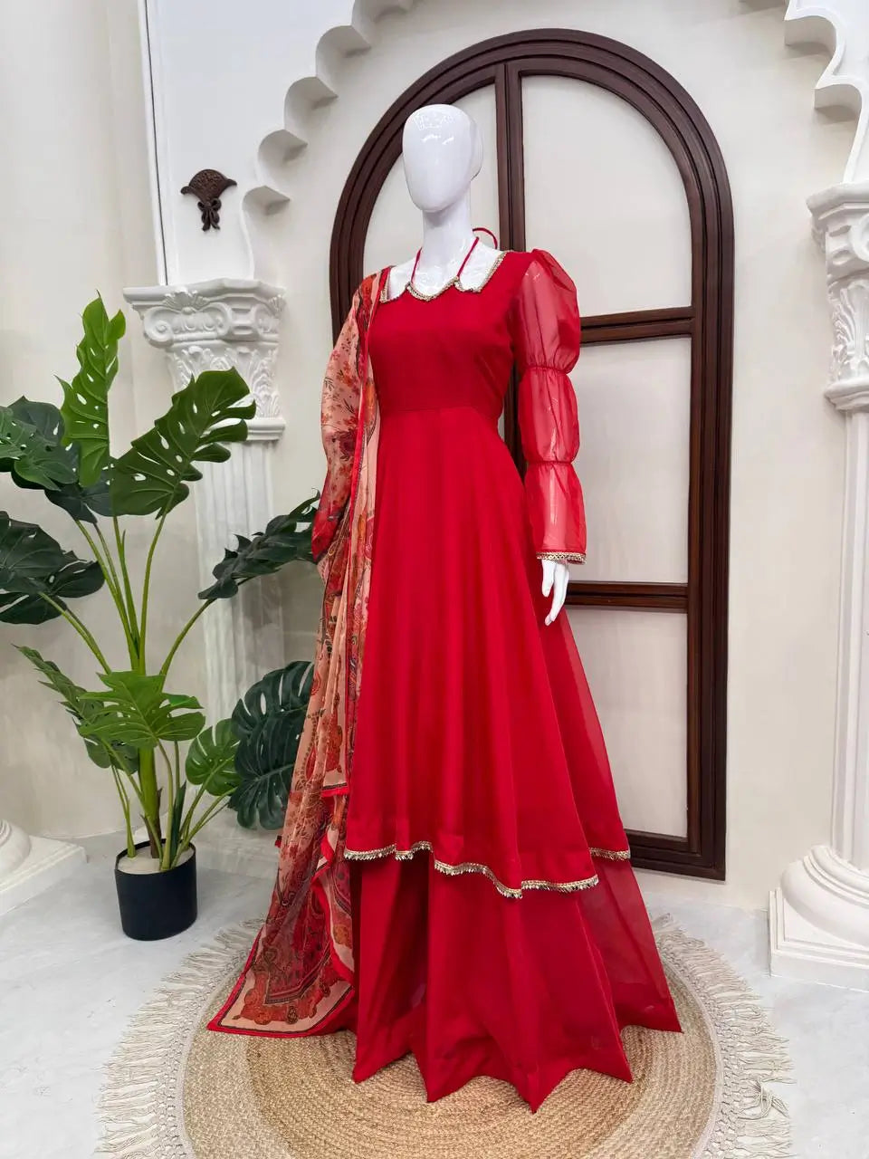 Red Anarkali Palazzo Set with Printed Dupatta