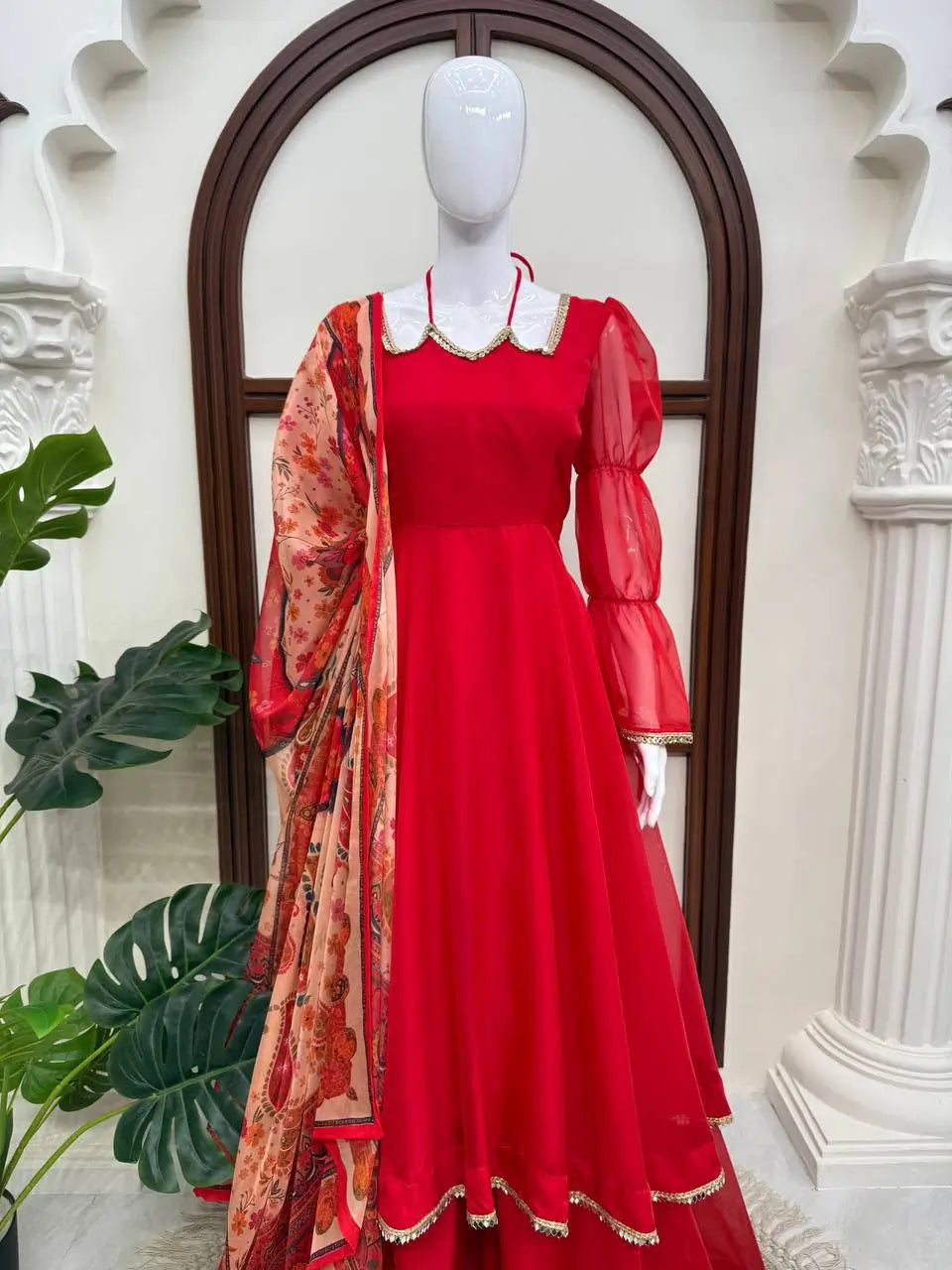 Red Anarkali Palazzo Set with Printed Dupatta