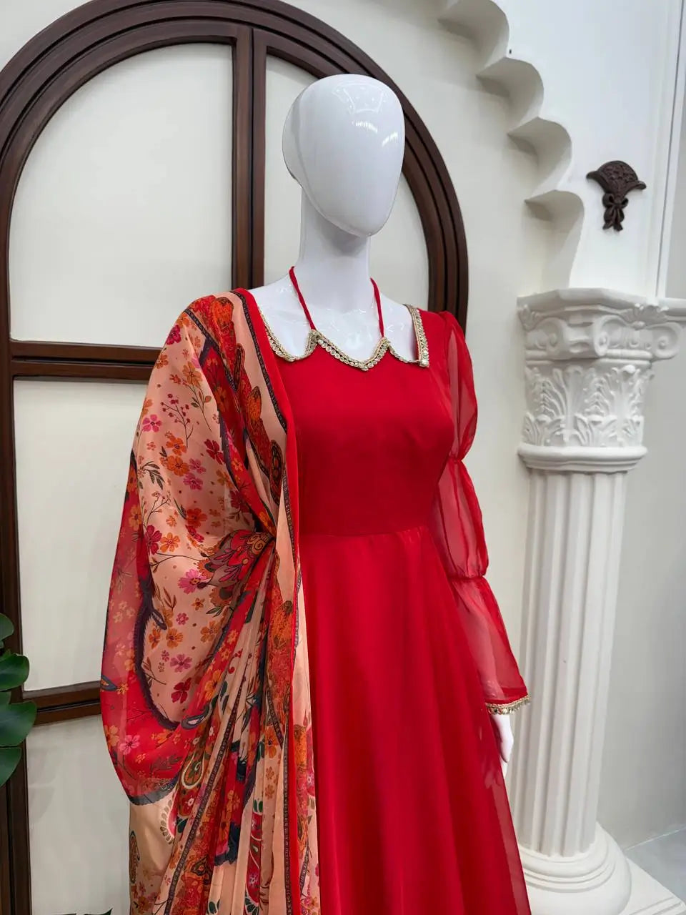 Red Anarkali Palazzo Set with Printed Dupatta