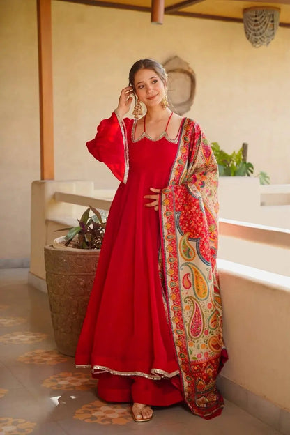 Red Anarkali Palazzo Set with Printed Dupatta
