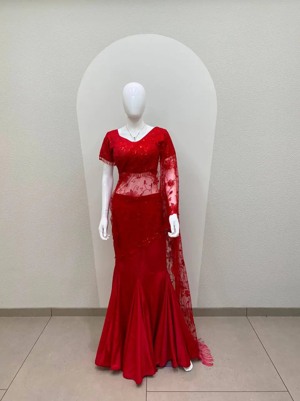 Red Beaded Lace Ready To Wear Saree
