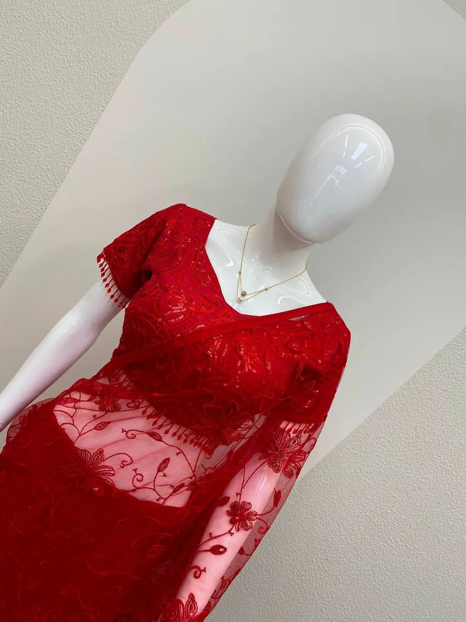 Red Beaded Lace Ready To Wear Saree