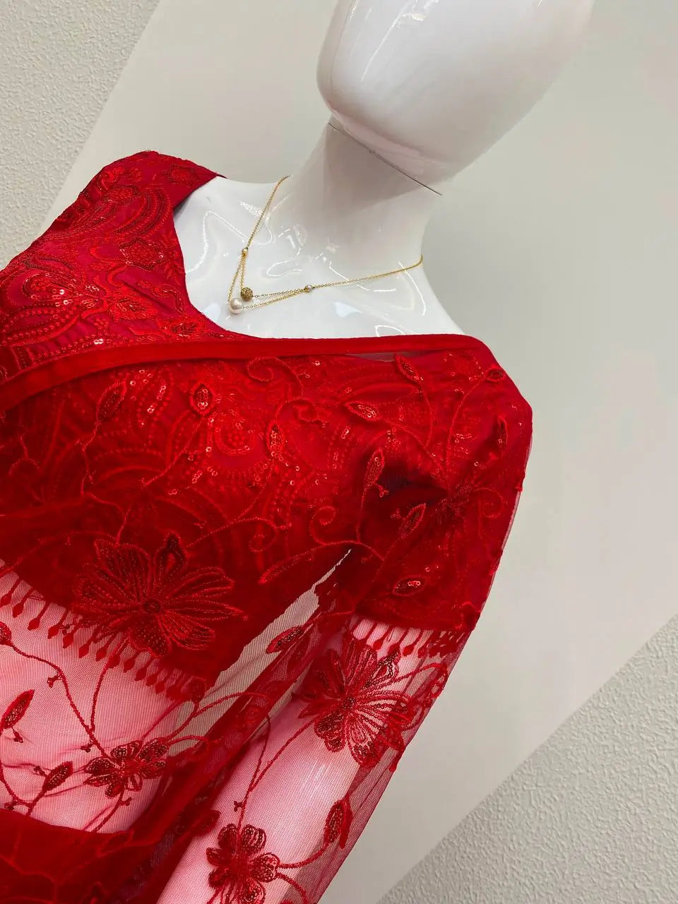 Red Beaded Lace Ready To Wear Saree