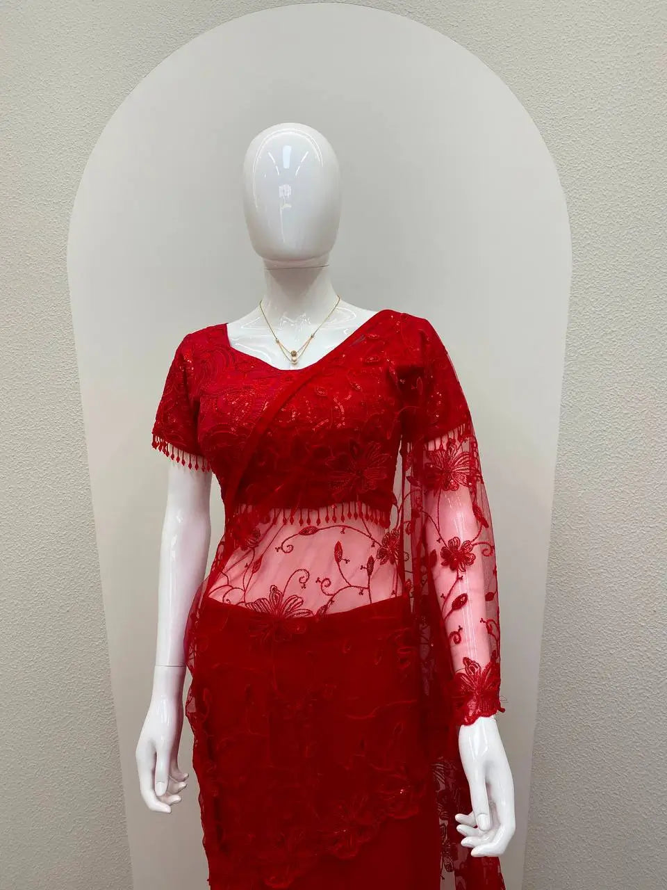 Red Beaded Lace Ready To Wear Saree
