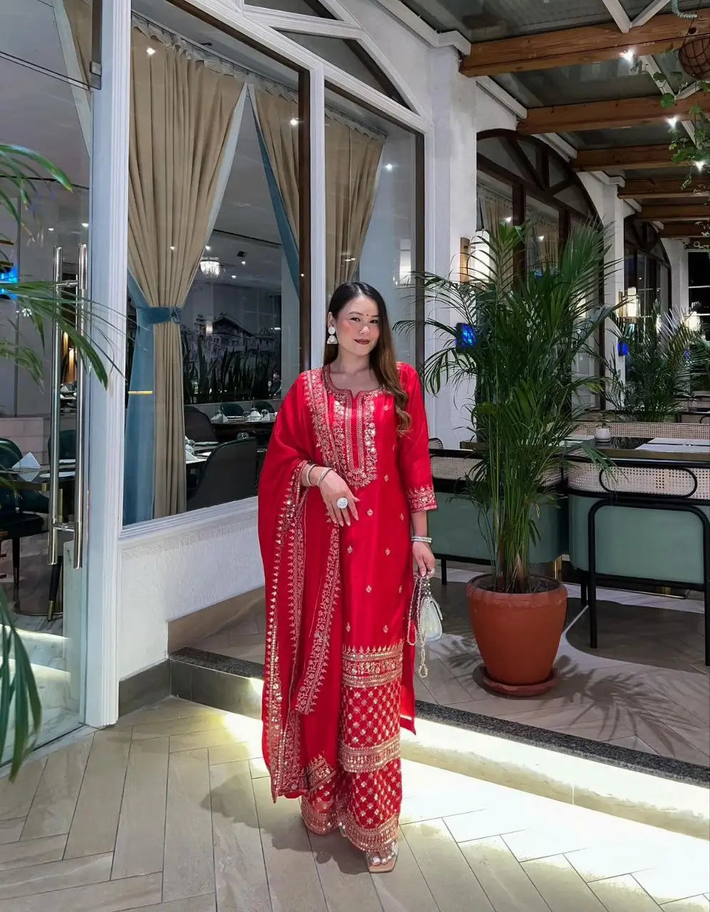 Red Chinon Silk Embroidered Sharara Suit with Dupatta – Heavy Sequence Work | Wedding & Festive Wear
