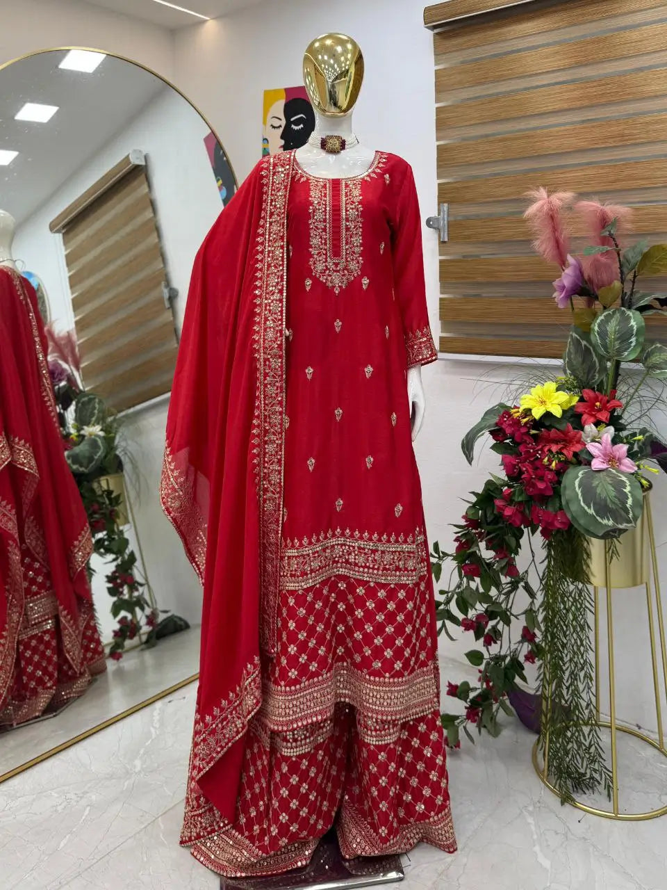 Red Chinon Silk Embroidered Sharara Suit with Dupatta – Heavy Sequence Work | Wedding & Festive Wear