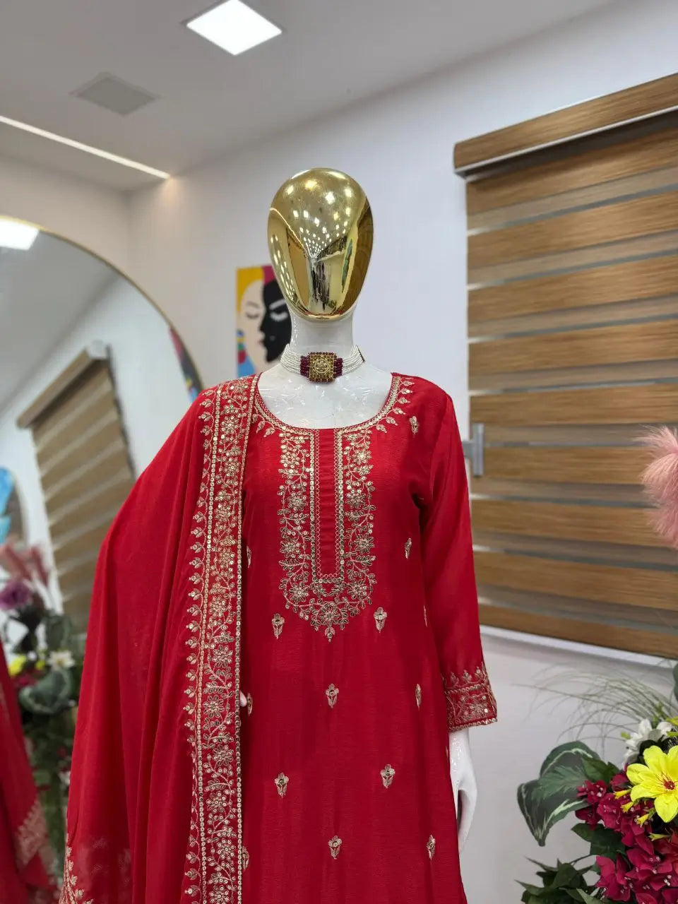 Red Chinon Silk Embroidered Sharara Suit with Dupatta – Heavy Sequence Work | Wedding & Festive Wear