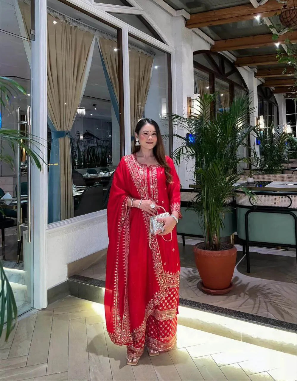 Red Chinon Silk Embroidered Sharara Suit with Dupatta – Heavy Sequence Work | Wedding & Festive Wear