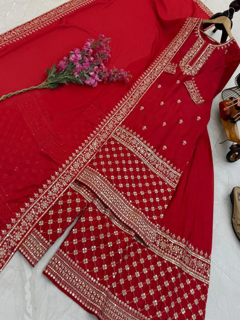 Red Chinon Silk Embroidered Sharara Suit with Dupatta – Heavy Sequence Work | Wedding & Festive Wear