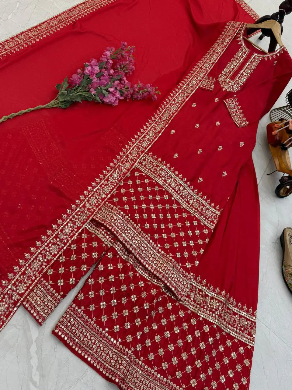 Red Chinon Silk Embroidered Sharara Suit with Dupatta – Heavy Sequence Work | Wedding & Festive Wear