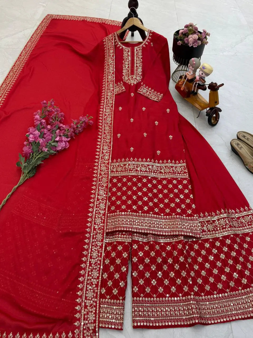 Red Chinon Silk Embroidered Sharara Suit with Dupatta – Heavy Sequence Work | Wedding & Festive Wear