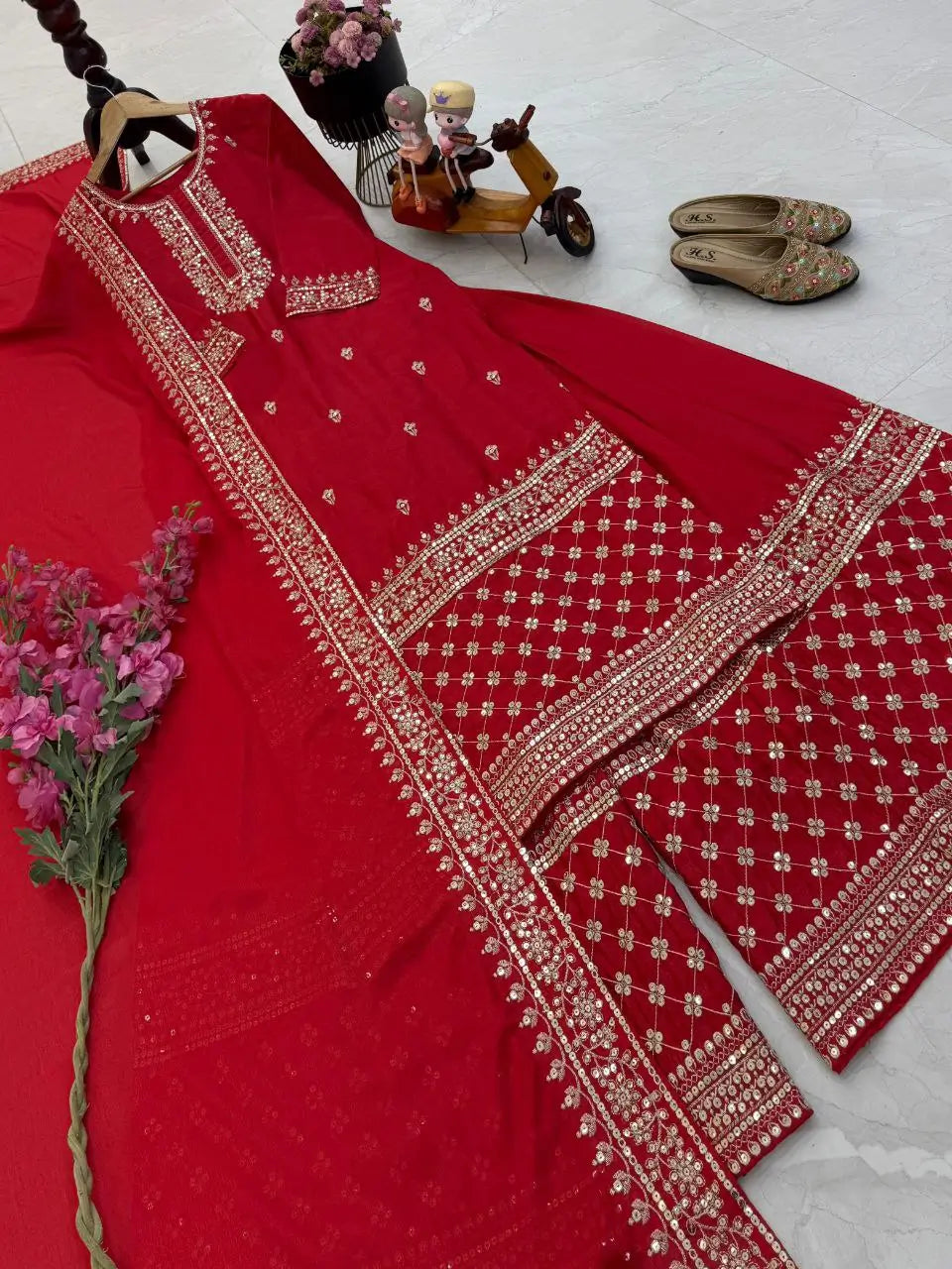 Red Chinon Silk Embroidered Sharara Suit with Dupatta – Heavy Sequence Work | Wedding & Festive Wear