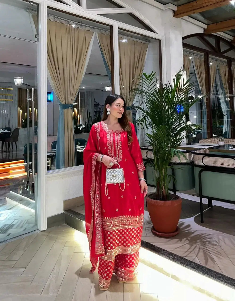 Red Chinon Silk Embroidered Sharara Suit with Dupatta – Heavy Sequence Work | Wedding & Festive Wear