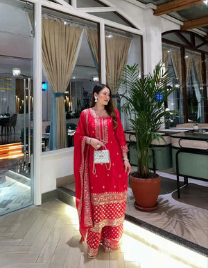 Red Chinon Silk Embroidered Sharara Suit with Dupatta – Heavy Sequence Work | Wedding & Festive Wear