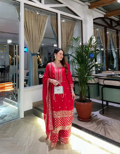 Red Chinon Silk Embroidered Sharara Suit with Dupatta – Heavy Sequence Work | Wedding & Festive Wear