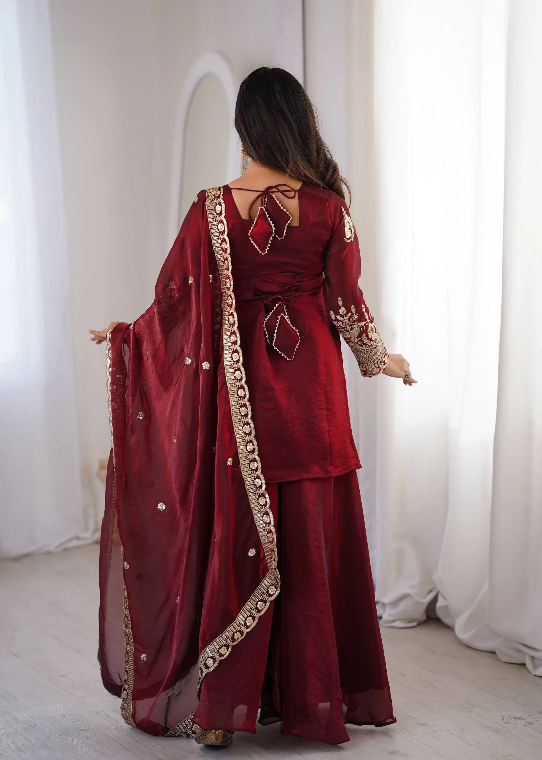 Red Elegant Fendy Silk Sharara Suit Set for Festive and marriage guest outfit