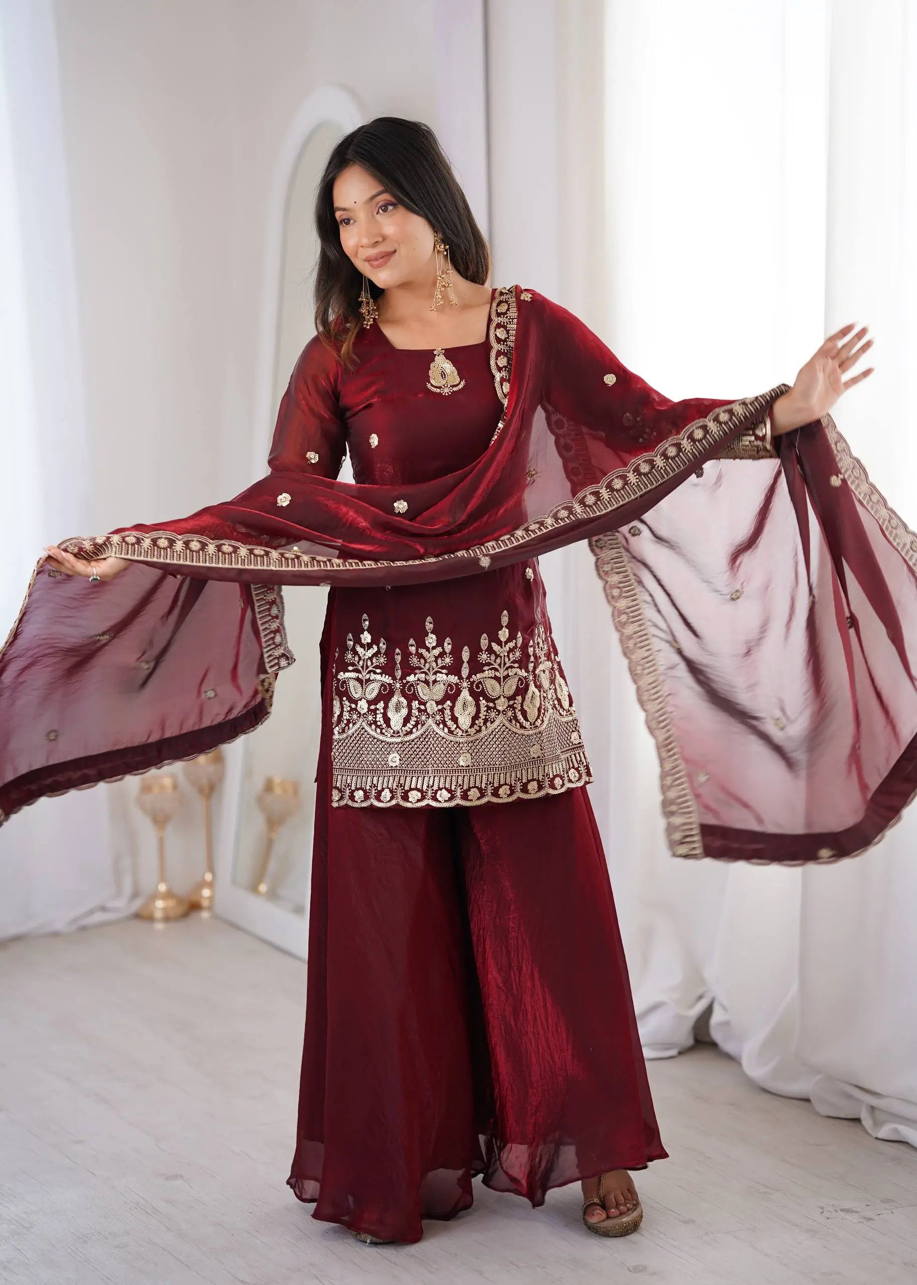 Red Elegant Fendy Silk Sharara Suit Set for Festive and marriage guest outfit