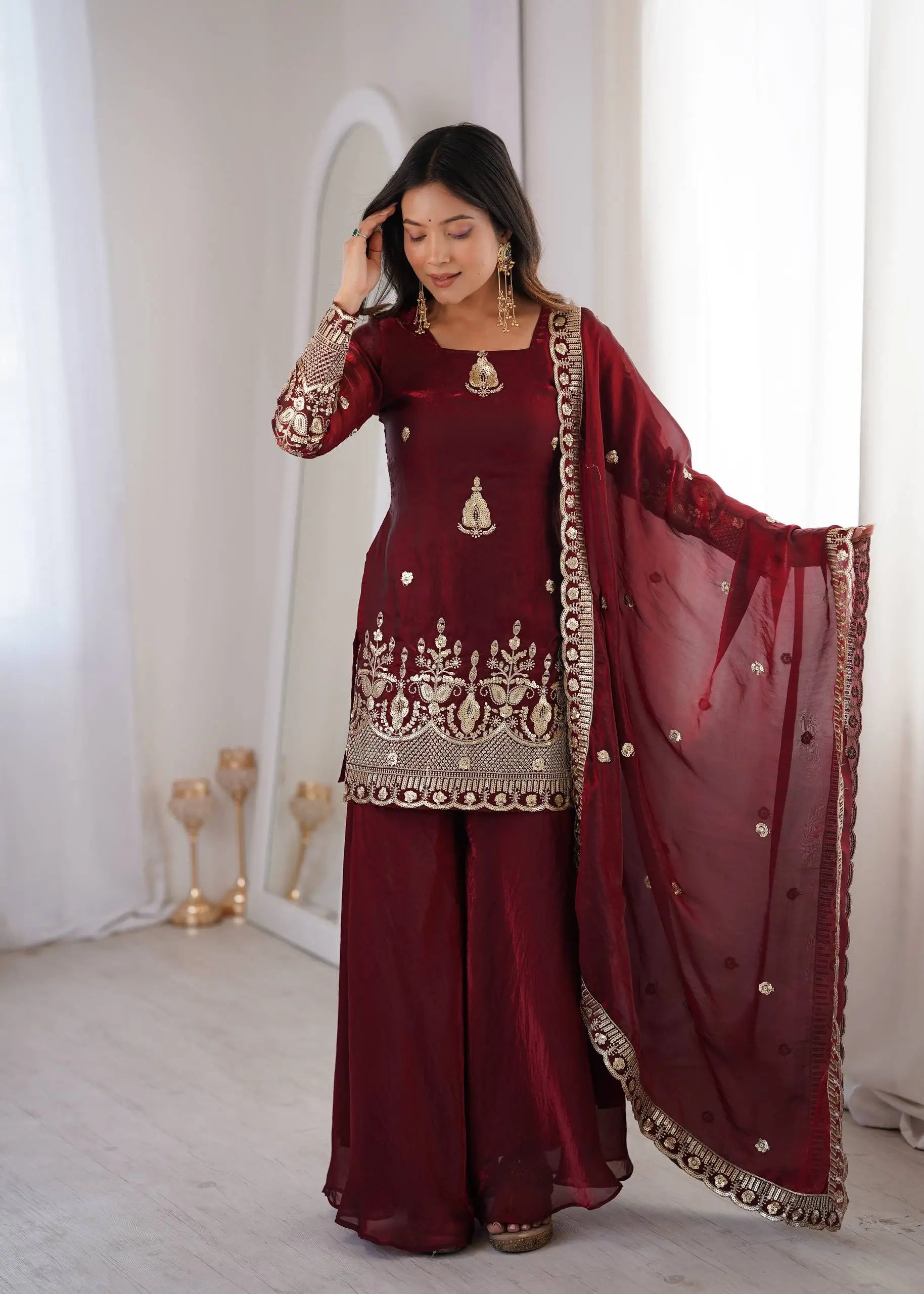 Red Elegant Fendy Silk Sharara Suit Set for Festive and marriage guest outfit
