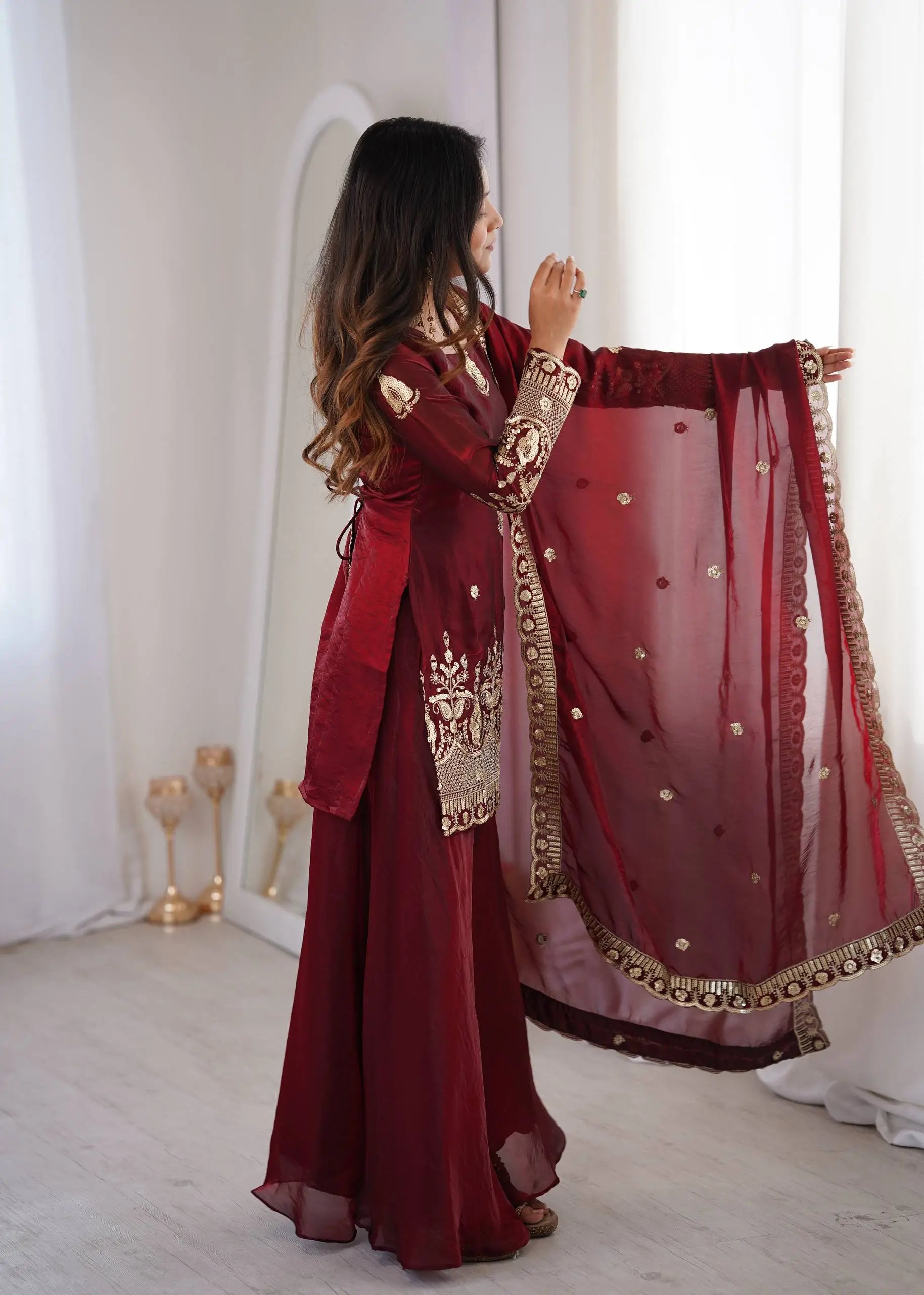 Red Elegant Fendy Silk Sharara Suit Set for Festive and marriage guest outfit